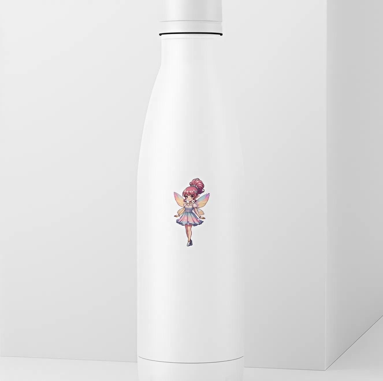 White cylindrical container with a fairy illustration on a white background
