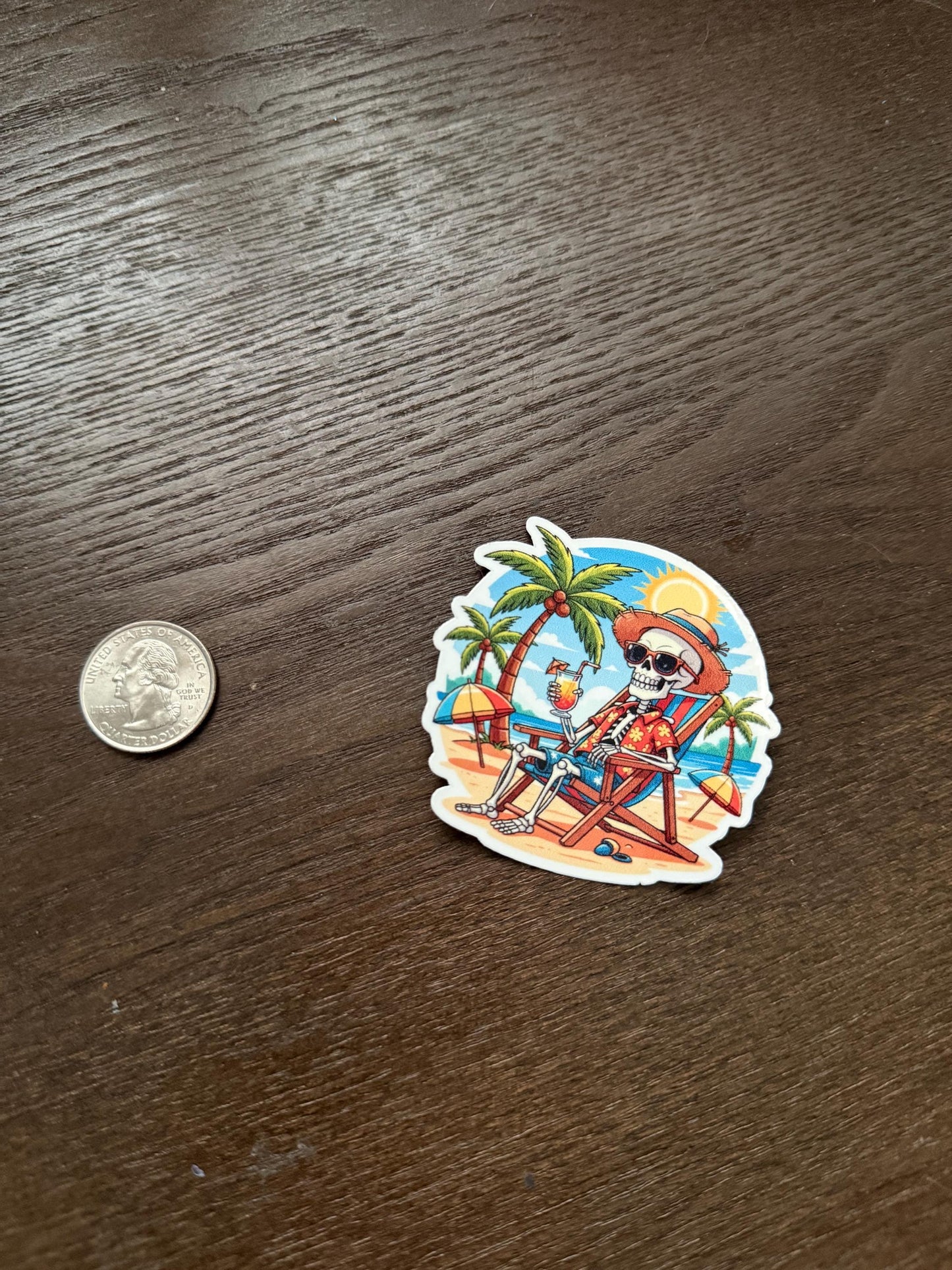 Chillin' Skeleton Beach Sticker | Summerween Vacation Decal | Funny Skull Relaxing Art | Tropical Beach Vinyl | Laid Back Spooky Gift