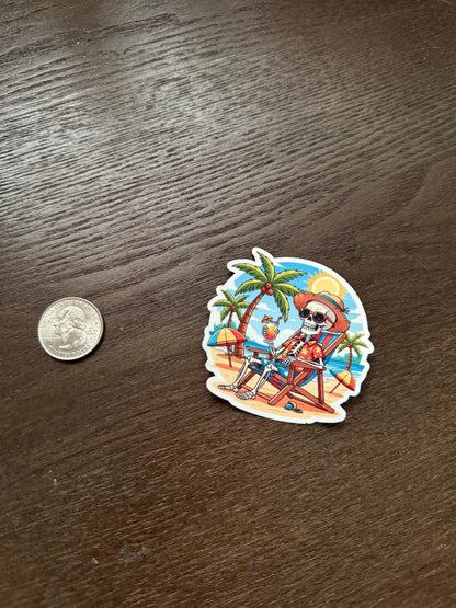 Chillin' Skeleton Beach Sticker | Summerween Vacation Decal | Funny Skull Relaxing Art | Tropical Beach Vinyl | Laid Back Spooky Gift