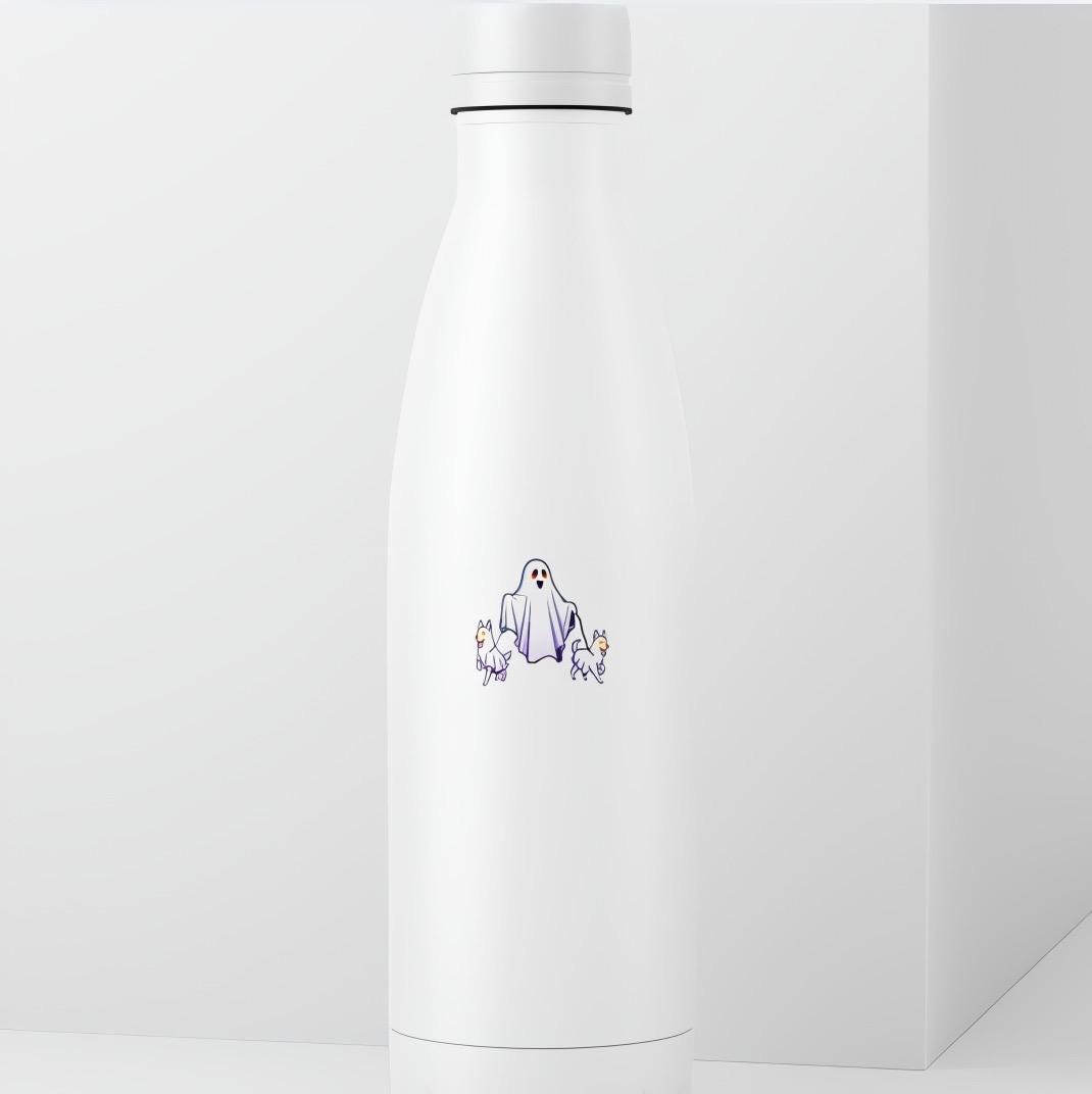 White water bottle with ghost design on a white background