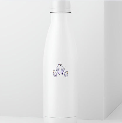 White water bottle with ghost design on a white background