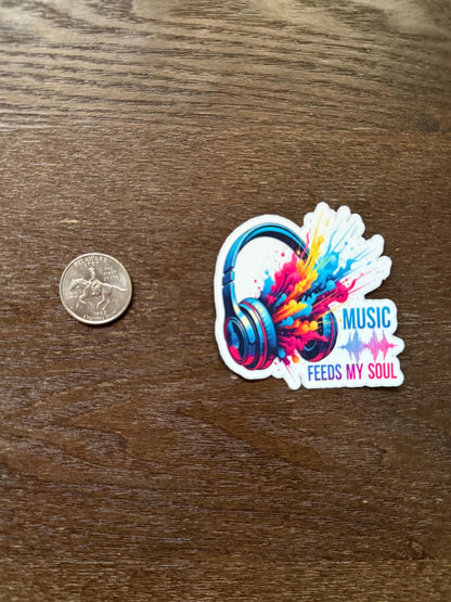 Music Feeds My Soul Headphones Sticker | Vibrant Audiophile Decal | Colorful Sound Art | Music Lover Vinyl | Inspirational Quote Laptop |