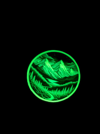 Glow in the Dark Mountain Forest Sticker| Northern Lights Aurora Decal | Celestial Nature Art | Outdoorsy Vinyl | UV Reactive Night Sky Gift