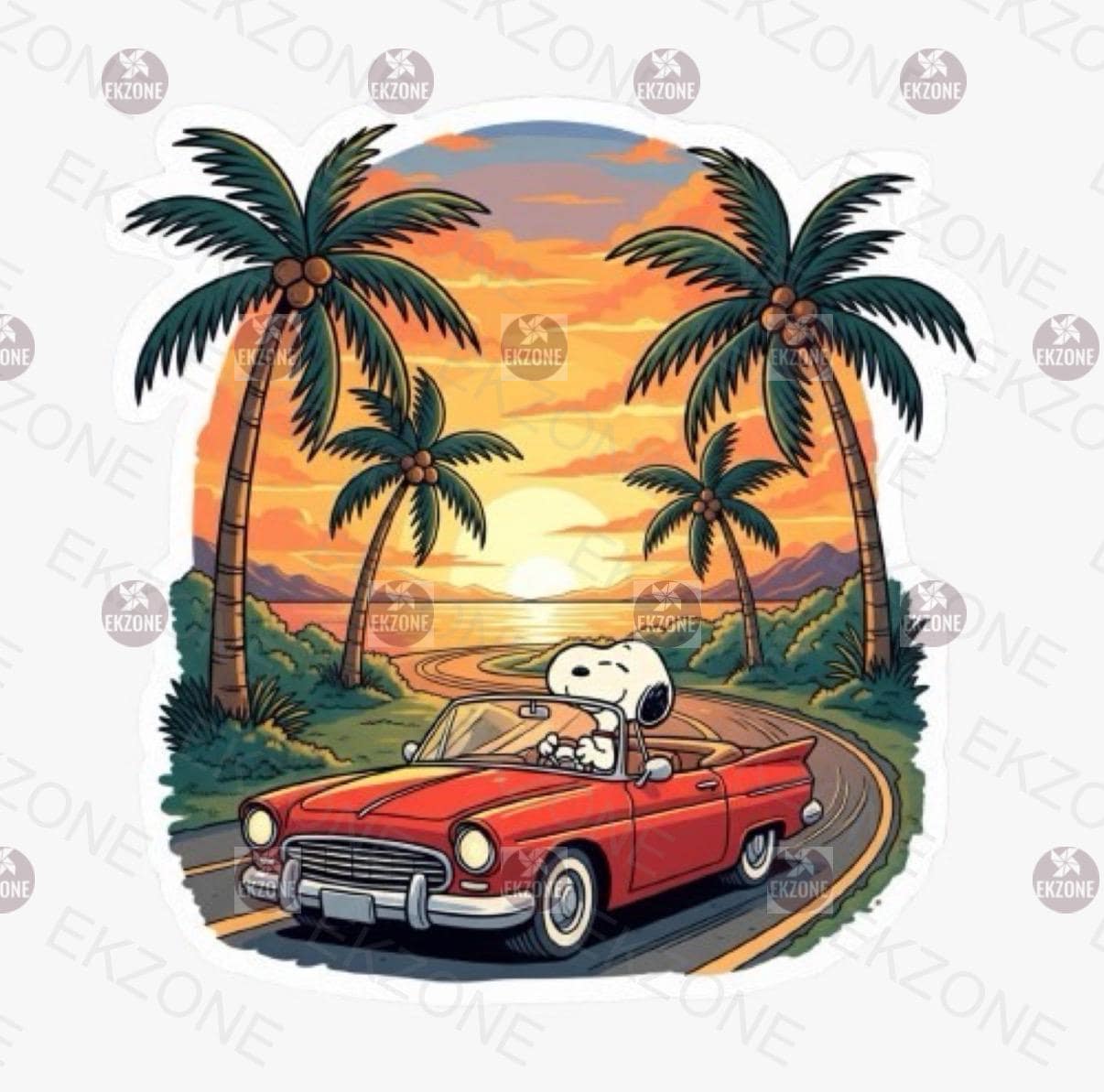 Snoopy Driving Car Sunset Sticker | Peanuts Road Trip Decal | Classic Car Art | California Summer Vinyl | Beach Travel Gift | Driver Snoopy