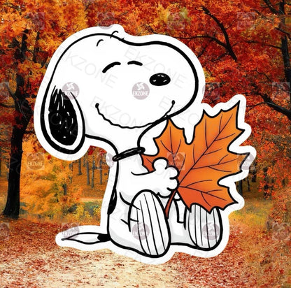 Snoopy Fall Leaf Sticker | Peanuts Autumn Decal | Cozy Vibes Art | Maple Leaf Vinyl | Nostalgic Fall Decor | Cute Dog Laptop Sticker