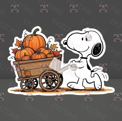 Snoopy Pumpkin Wagon Sticker | Peanuts Fall Harvest Decal | Autumn Leaves Art | Cute Dog Vinyl | Halloween Decor Gift | Nostalgic Farmhouse