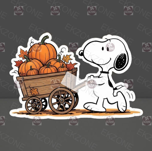 Snoopy Pumpkin Wagon Sticker | Peanuts Fall Harvest Decal | Autumn Leaves Art | Cute Dog Vinyl | Halloween Decor Gift | Nostalgic Farmhouse