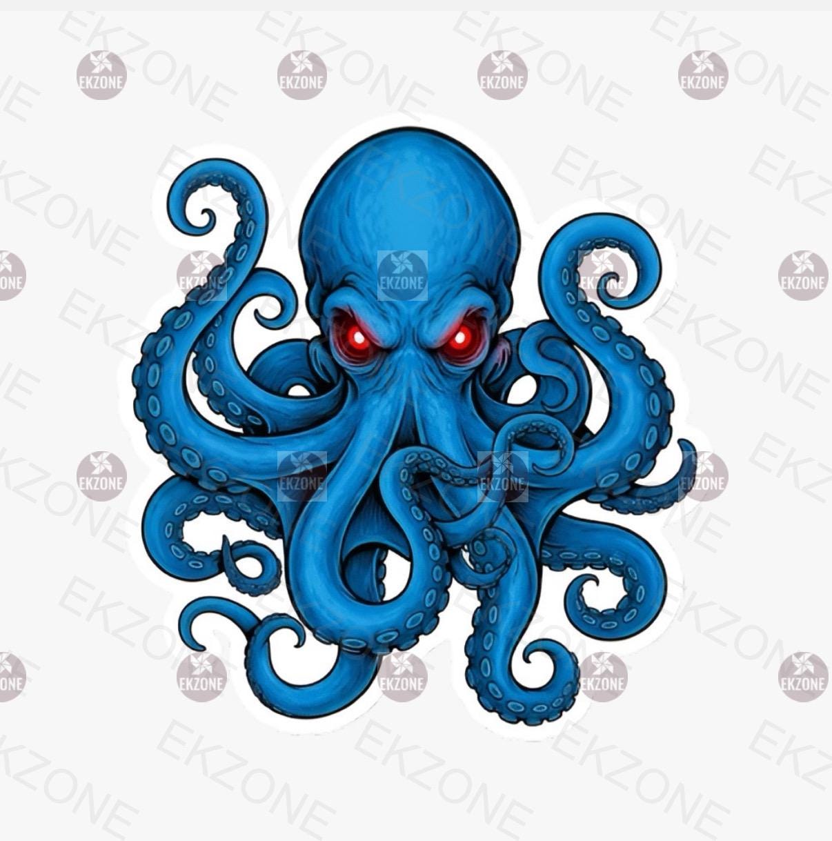 Blue Octopus Sticker | Red Eyes Kraken Decal | Deep Sea Monster Art | Ocean Lover Vinyl | Gothic Mythical Creature Gift | Tentacle Beast