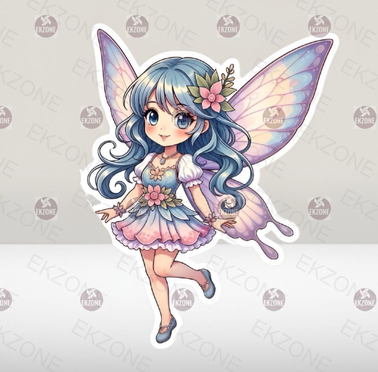 Cute Blue Hair Fairy Sticker | Magical Flower Decal | Whimsical Fantasy Art | Pastel Wing Vinyl | Enchanted Forest Gift | Kawaii on a Laptop