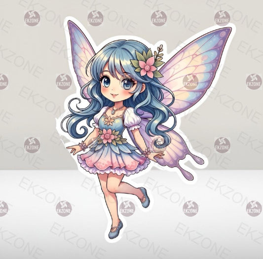 Cute Blue Hair Fairy Sticker | Magical Flower Decal | Whimsical Fantasy Art | Pastel Wing Vinyl | Enchanted Forest Gift | Kawaii on a Laptop