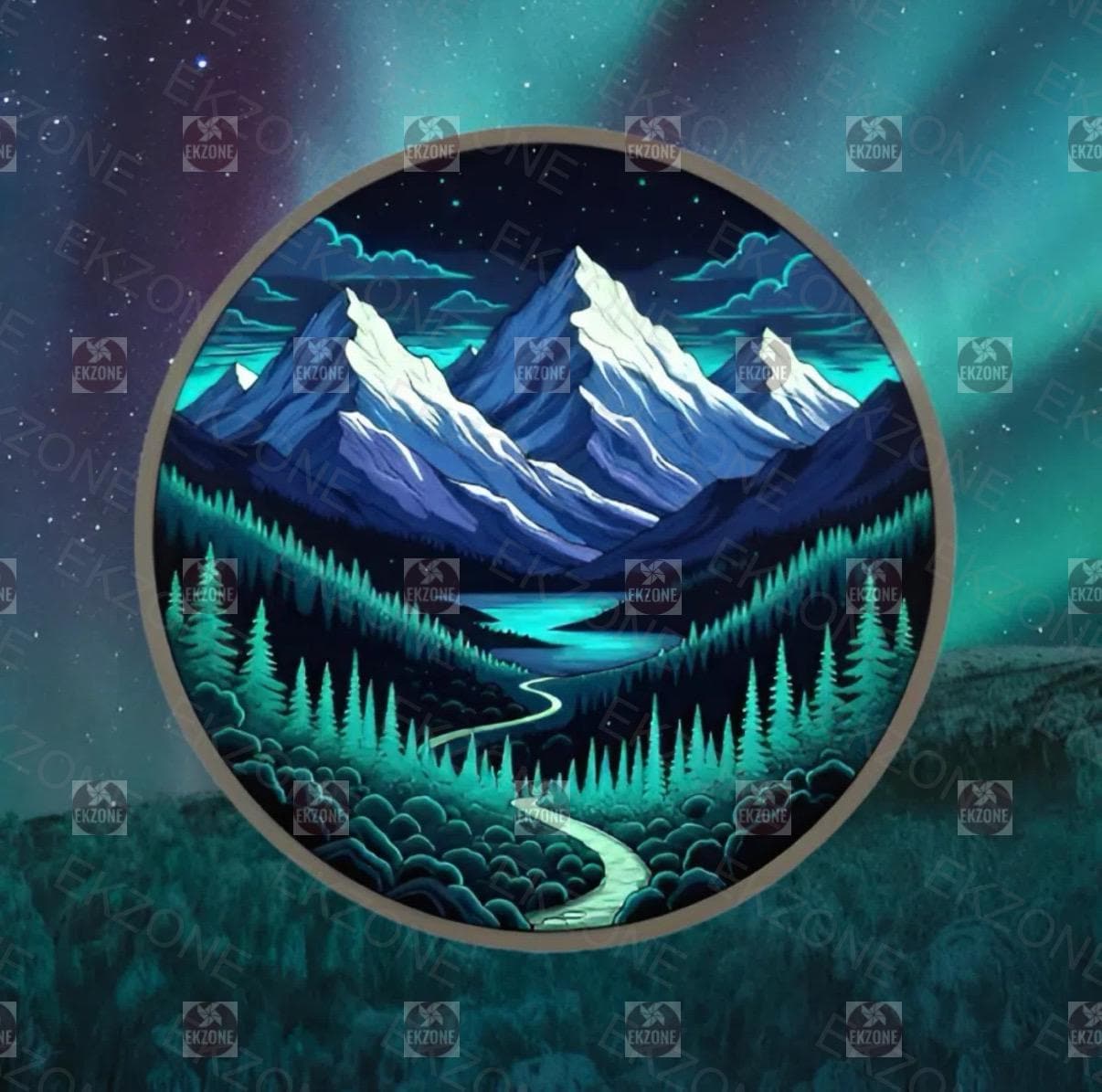 Glow in the Dark Mountain Forest Sticker| Northern Lights Aurora Decal | Celestial Nature Art | Outdoorsy Vinyl | UV Reactive Night Sky Gift