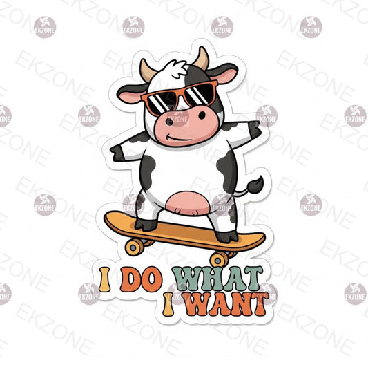 I Do What I Want Cow on Skateboard Sticker | Funny Animal Decal | Rebel Attitude Vinyl | Skater Cow Art | Humorous Laptop Sticker | Cute
