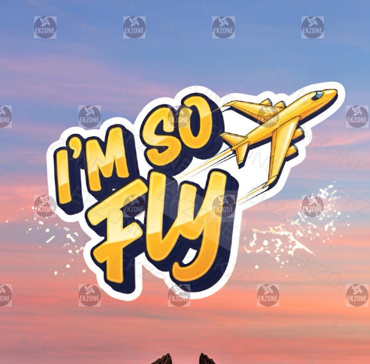 Yellow airplane with 'I'm So Fly' text against a colorful sky background