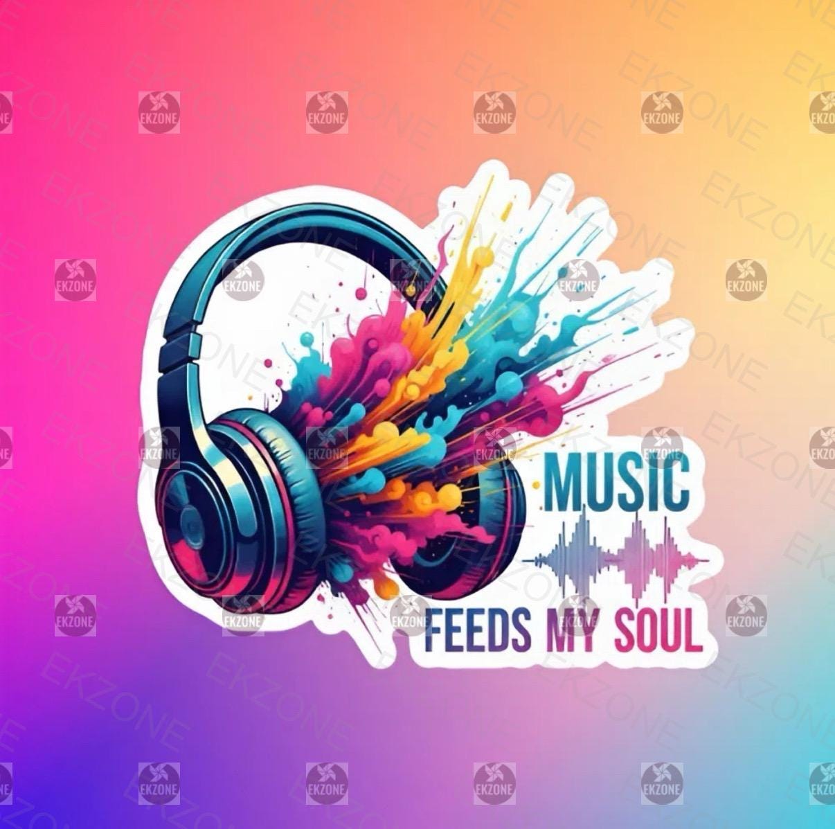 Music Feeds My Soul Headphones Sticker | Vibrant Audiophile Decal | Colorful Sound Art | Music Lover Vinyl | Inspirational Quote Laptop |