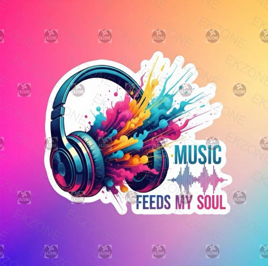 Music Feeds My Soul Headphones Sticker | Vibrant Audiophile Decal | Colorful Sound Art | Music Lover Vinyl | Inspirational Quote Laptop |