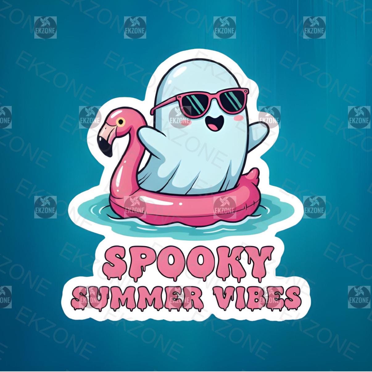Spooky Summer Vibes Ghost Sticker | Cute Flamingo Float Decal | Halloween in July Art | Funny Summerween Vinyl | Ghostly Beach Lover Gift