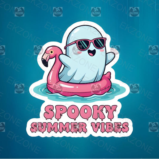 Spooky Summer Vibes Ghost Sticker | Cute Flamingo Float Decal | Halloween in July Art | Funny Summerween Vinyl | Ghostly Beach Lover Gift