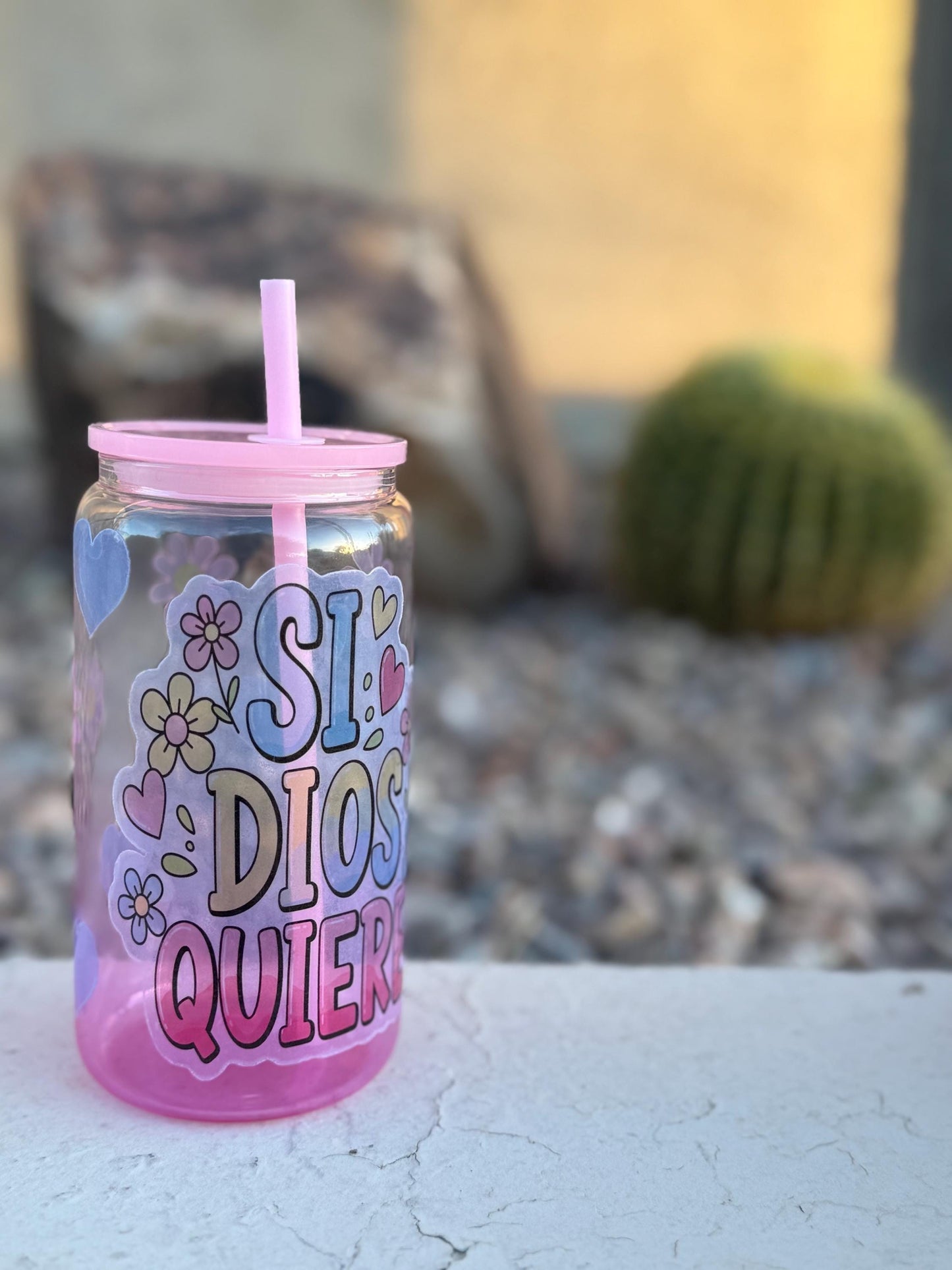 Si Dios Quiere Vaso de Vidrio, Cute Iced Coffee Cup, Glass Cup Gift, 16 Oz Tumbler with Lid & Straw, Vaso para Horchata o Cafecito Frio