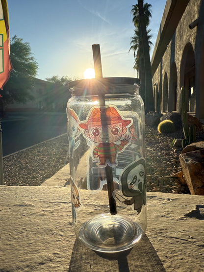 Horror Movie Characters Tumbler – 16 oz Plastic Iced Coffee Cup with Lid & Straw | Funny Halloween Horror Cup | Reusable Scary Movie Glass