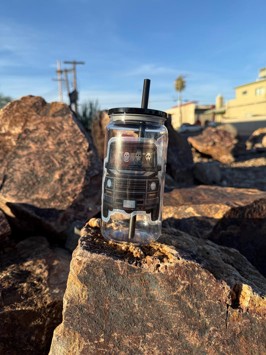 Horror Movie Characters Tumbler – 16 oz Plastic Iced Coffee Cup with Lid & Straw | Funny Halloween Horror Cup | Reusable Scary Movie Glass