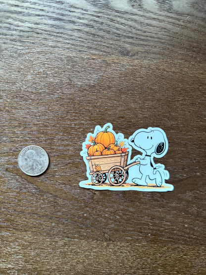 Snoopy Pumpkin Wagon Sticker | Peanuts Fall Harvest Decal | Autumn Leaves Art | Cute Dog Vinyl | Halloween Decor Gift | Nostalgic Farmhouse