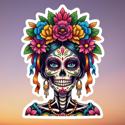 Sugar Skull Sticker | Día de los Muertos Decal | Calavera Art | Flower Crown Vinyl | Mexican Folk Art Gift | Colorful Day of Dead Laptop |