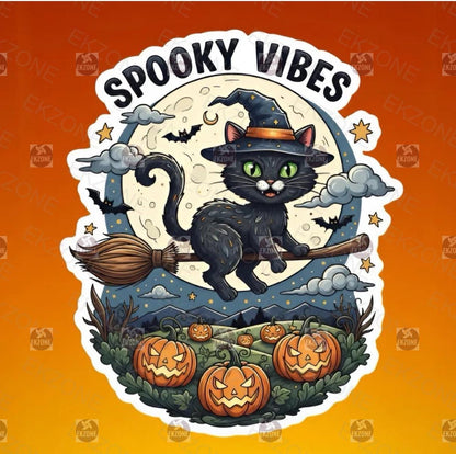 Spooky Vibes Black Cat Sticker | Witch Cat Halloween Decal | Cute Pumpkin Art | Spooky Season Vinyl | Witchy Decor Gift | Fall Vibes Brooms