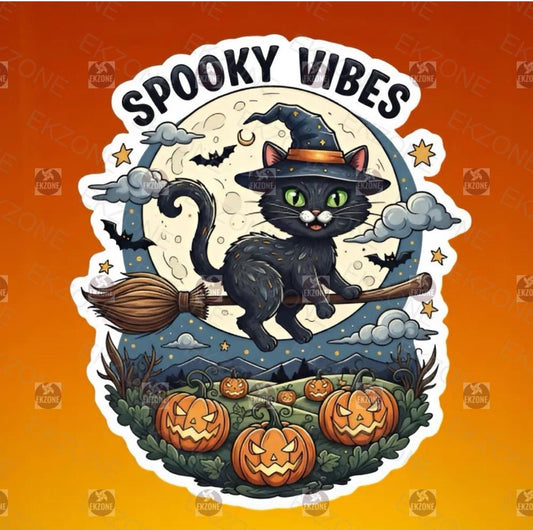 Spooky Vibes Black Cat Sticker | Witch Cat Halloween Decal | Cute Pumpkin Art | Spooky Season Vinyl | Witchy Decor Gift | Fall Vibes Brooms