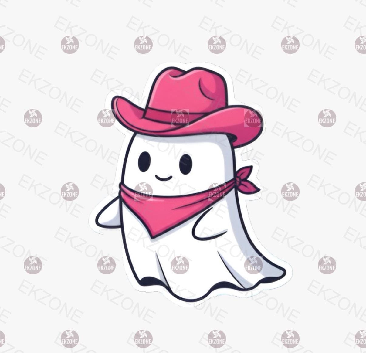 A flat, isolated vinyl sticker featuring an adorable kawaii ghost wearing a pink cowboy hat in a Western spooky art style.