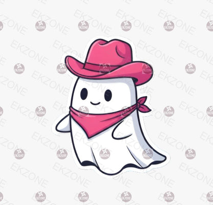 A flat, isolated vinyl sticker featuring an adorable kawaii ghost wearing a pink cowboy hat in a Western spooky art style.