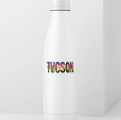 White water bottle with 'TUCSON' in colorful letters on a white background