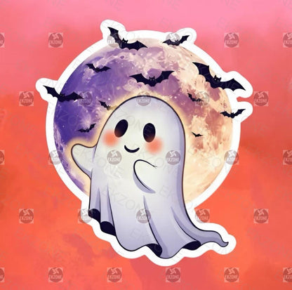 Cute Ghost Full Moon Sticker | Spooky Halloween Decal | Friendly Ghost Art | Bat Flying Vinyl | Fall Decor Gift | Adorable Ghostly Laptop