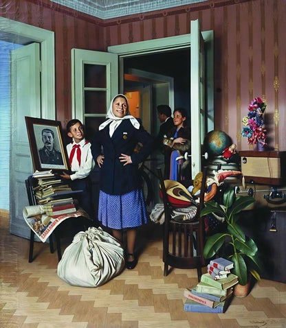 Woman in a room with books, a globe, and a portrait