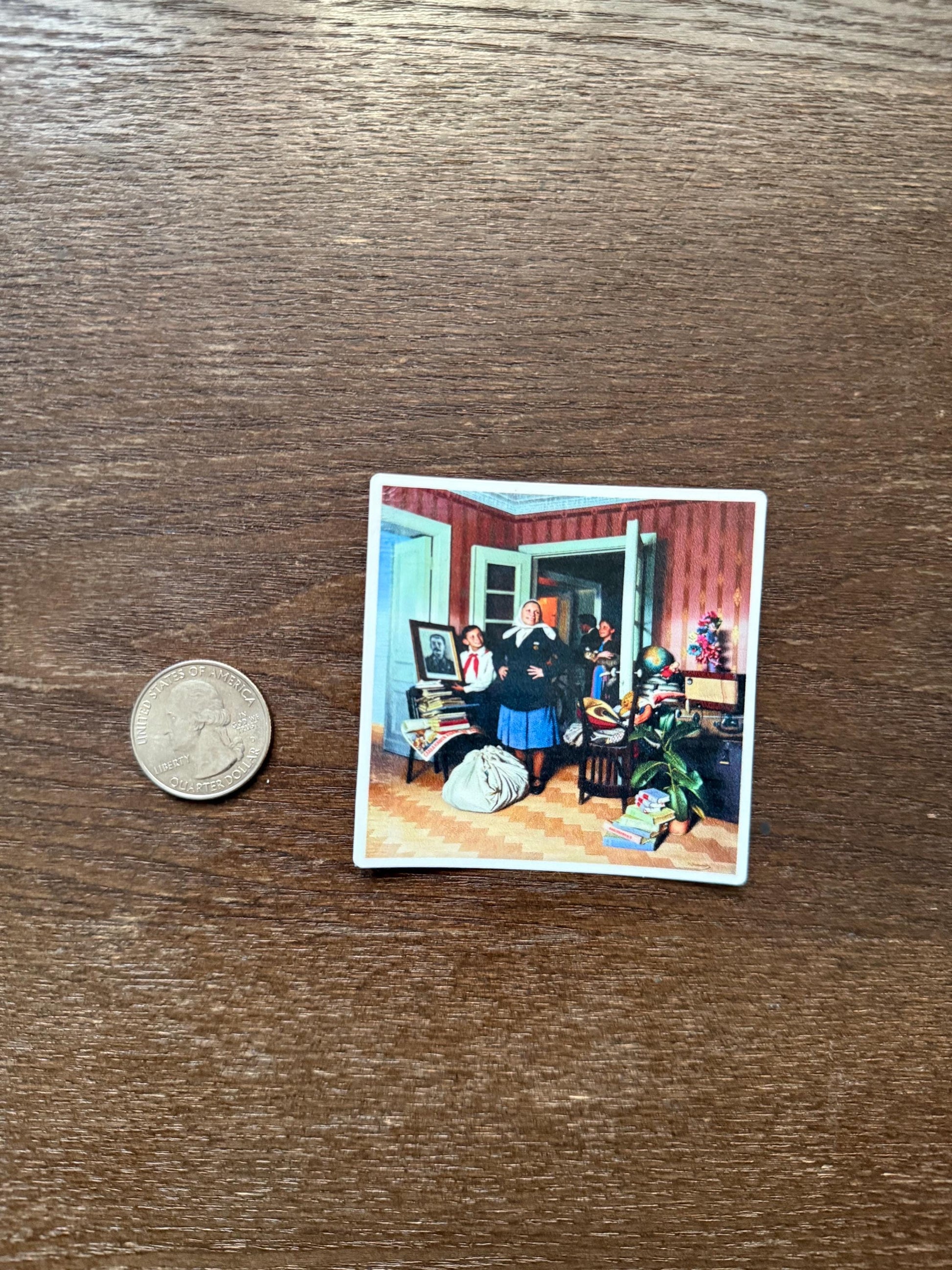 Small vintage-style illustration on a wooden surface with a coin for scale.