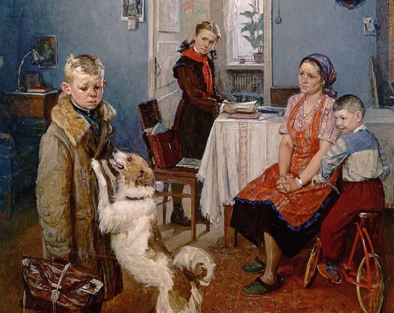 Painting of a family scene with children and a dog in a room.