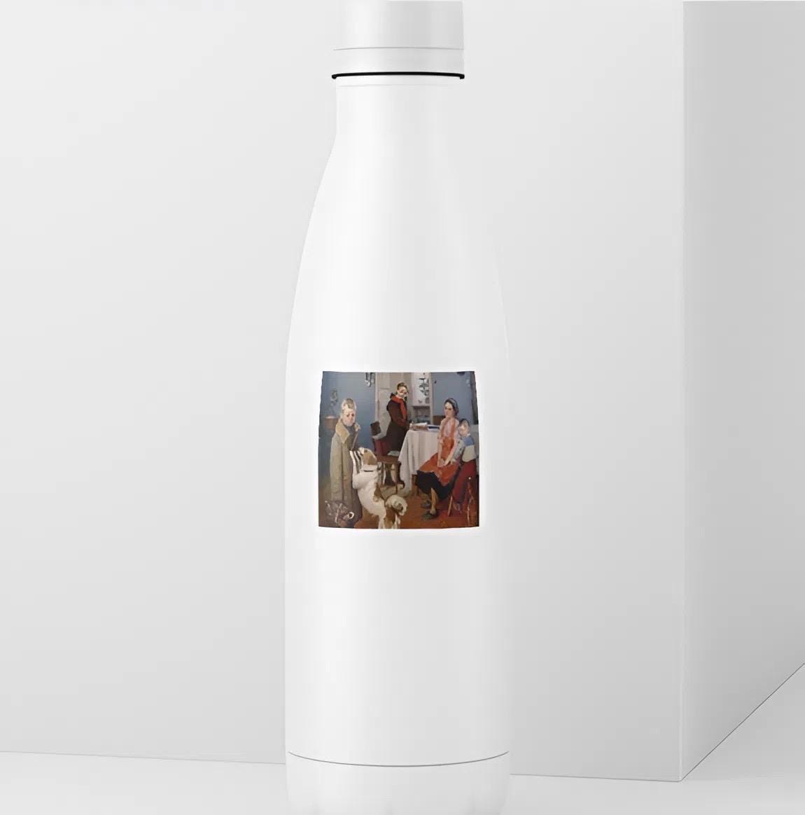 White cylindrical container with a small painting on a white background