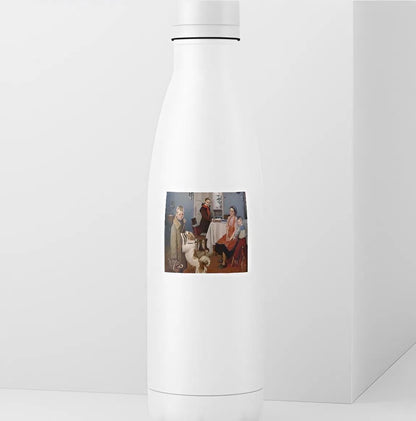 White cylindrical container with a small painting on a white background