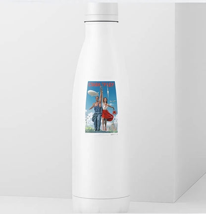 White bottle with a graphic design of two people on a mountain on a white background