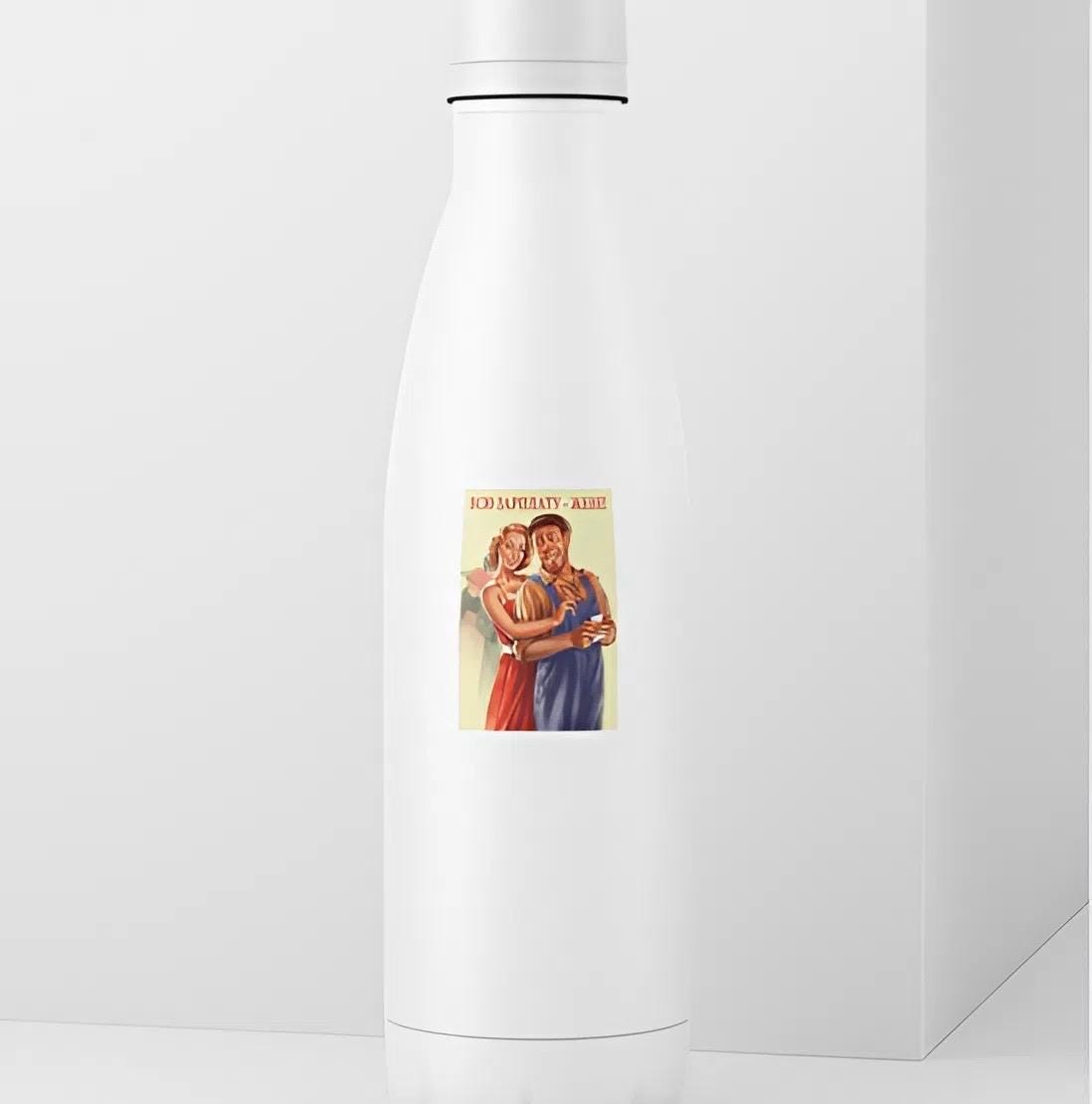 White bottle with a colorful label featuring two people on a white background