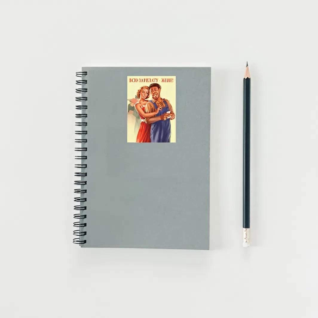 Gray spiral-bound notebook with vintage-style cover and a pencil on a light gray background