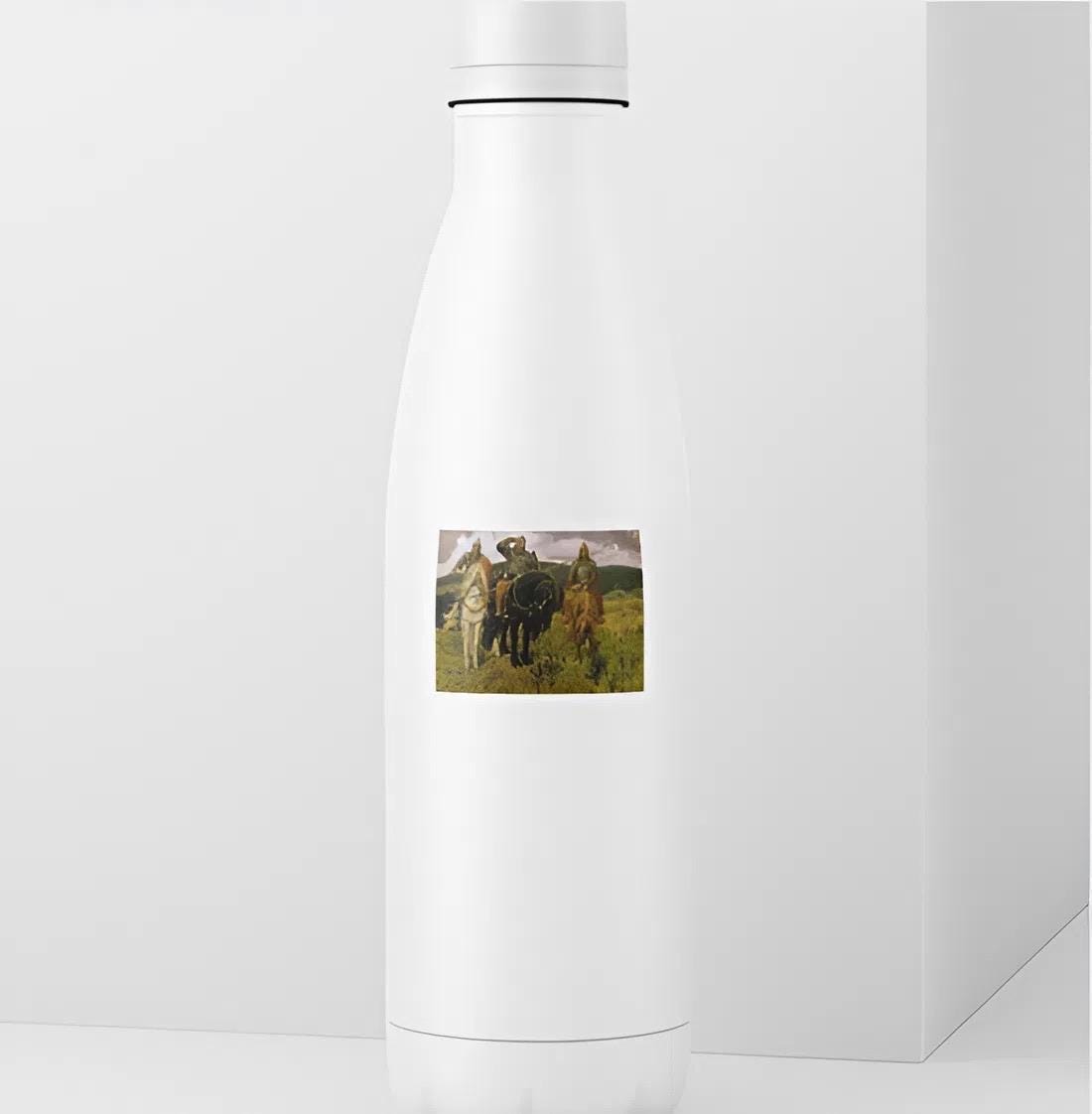 White cylindrical container with a printed image of horses on a white background