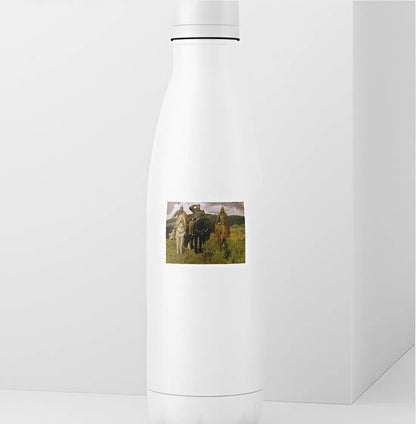 White cylindrical container with a printed image of horses on a white background