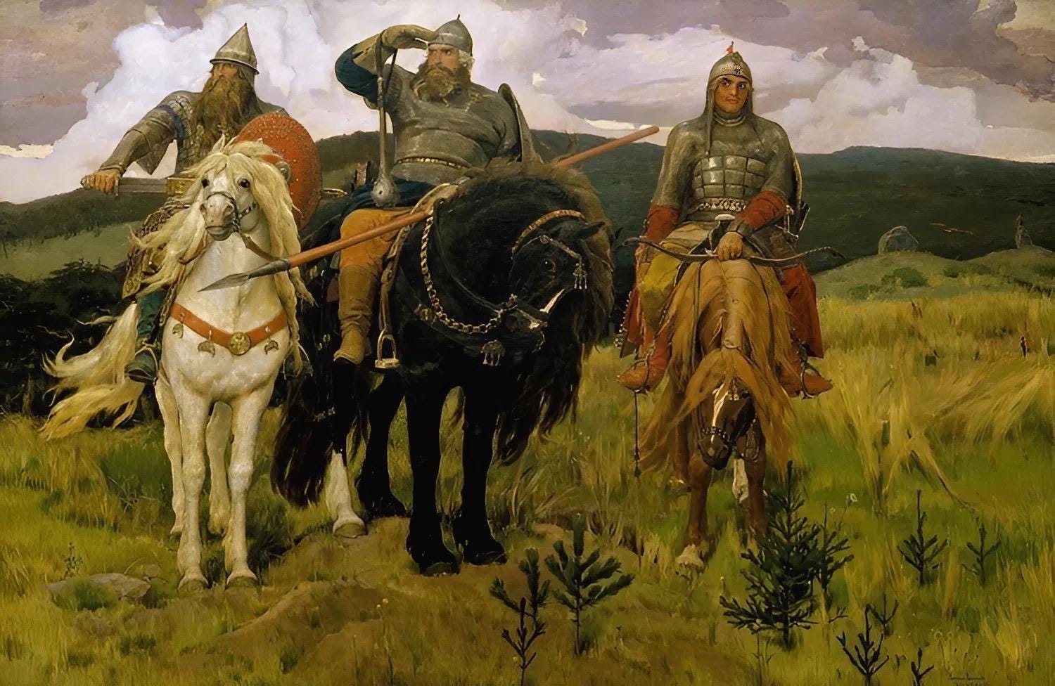 Three armored figures on horseback in a pastoral landscape