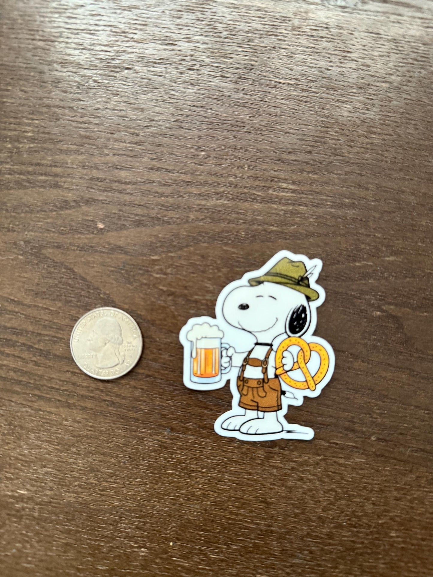 Snoopy Oktoberfest Sticker | Bavarian Beer & Pretzel Decal | German Festival Art | Funny Beer Lover Vinyl | Snoopy Lederhosen Gift | Fall