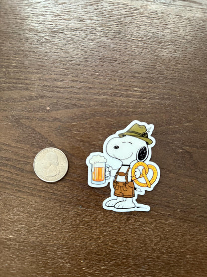 Snoopy Oktoberfest Sticker | Bavarian Beer & Pretzel Decal | German Festival Art | Funny Beer Lover Vinyl | Snoopy Lederhosen Gift | Fall