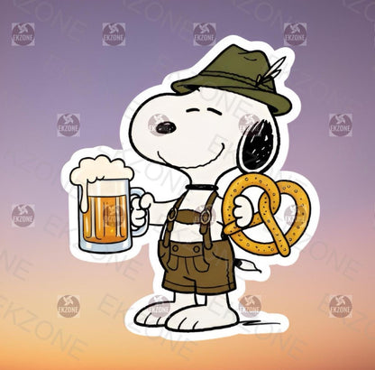Snoopy Oktoberfest Sticker | Bavarian Beer & Pretzel Decal | German Festival Art | Funny Beer Lover Vinyl | Snoopy Lederhosen Gift | Fall