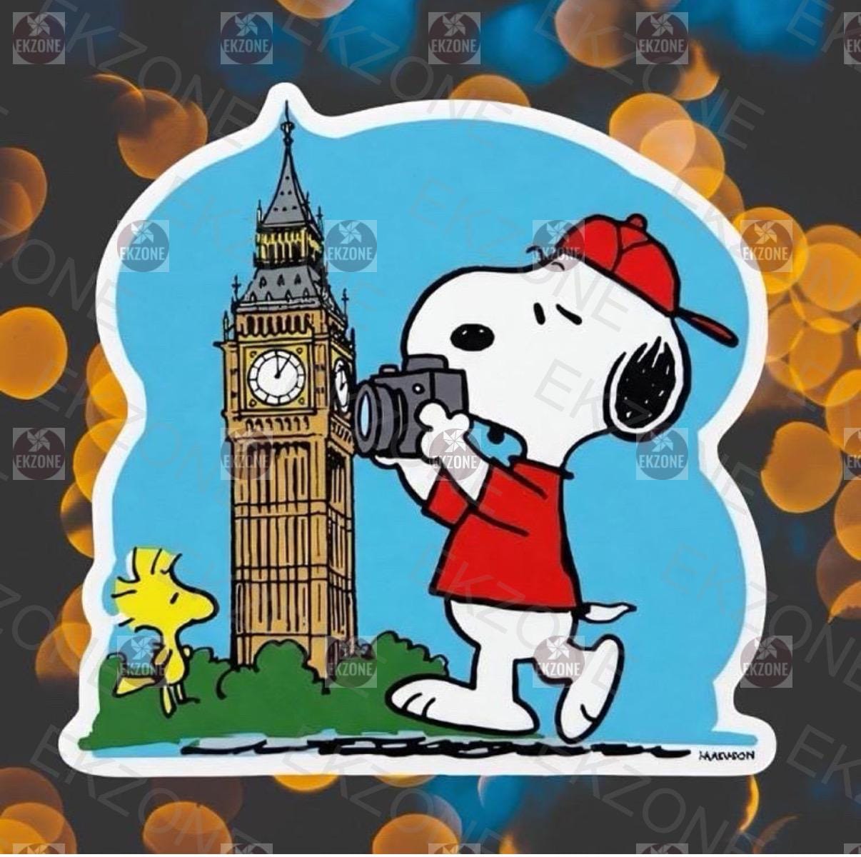 Snoopy in London Sticker - Peanuts Woodstock at Big Ben Decal - Cute Cartoon Travel Vinyl Sticker - London Sticker - Snoopy at Big Ben Decal