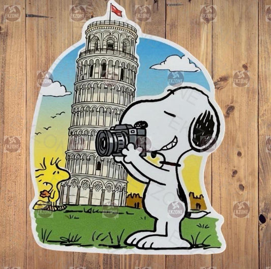 Snoopy Woodstock Pisa Sticker - Peanuts Leaning Tower Decal - Cartoon Dog - Bird Italy Sticker - Europe Travel Souvenir Sticker - Snoopy