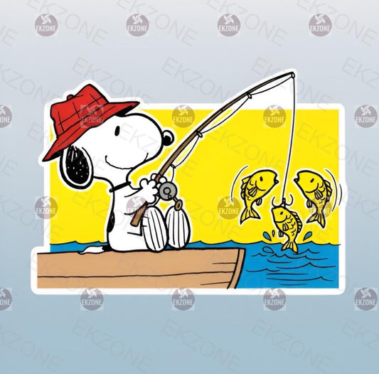 Snoopy Fishing Sticker | Peanuts Angler Decal | Cartoon Fish Art | Outdoor Adventure Vinyl | Fishing Lover Gift | Cute Dog Fisherman Laptop