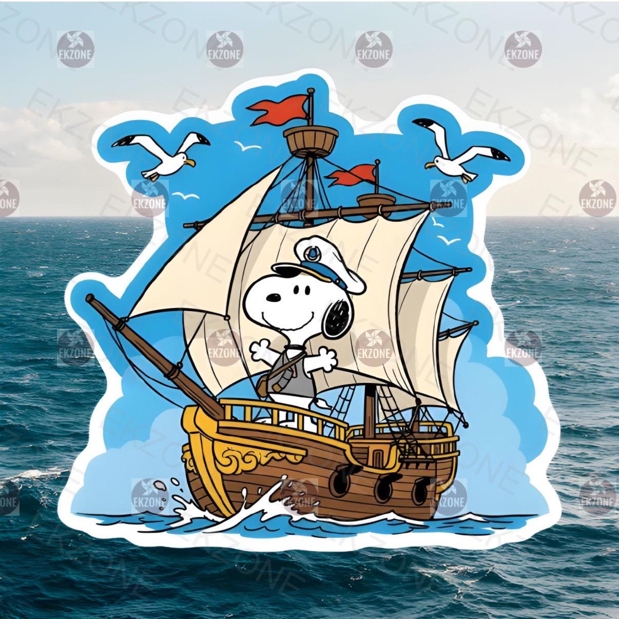 Snoopy On Sail Ship Sticker | Peanuts Sailing Captain Decal | Nautical Adventure Art | Classic Cartoon Vinyl | Ocean  Gift | Captain Snoopy